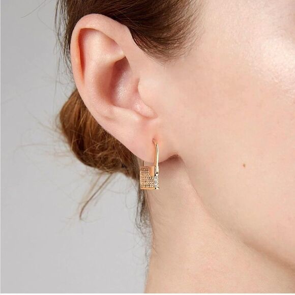 Gold 14k Gold Plated Cubic Zirconia Lock Pendant Earrings - Picture 2 of 3